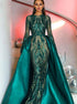 Dark Green Long Sleeve Sheath Prom Dress with Overskirt LBQ0004